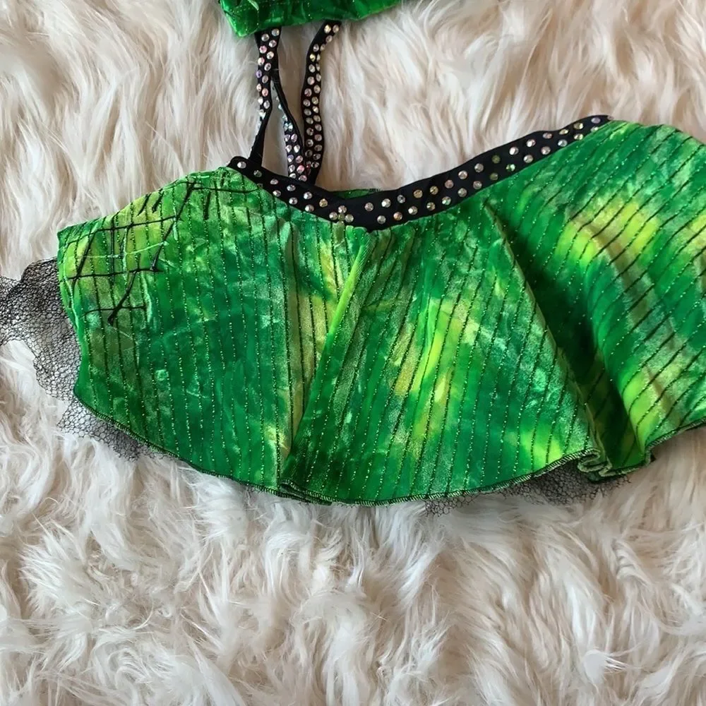 Green One Piece Dance Costume.  Swarovski Crystal adorned.